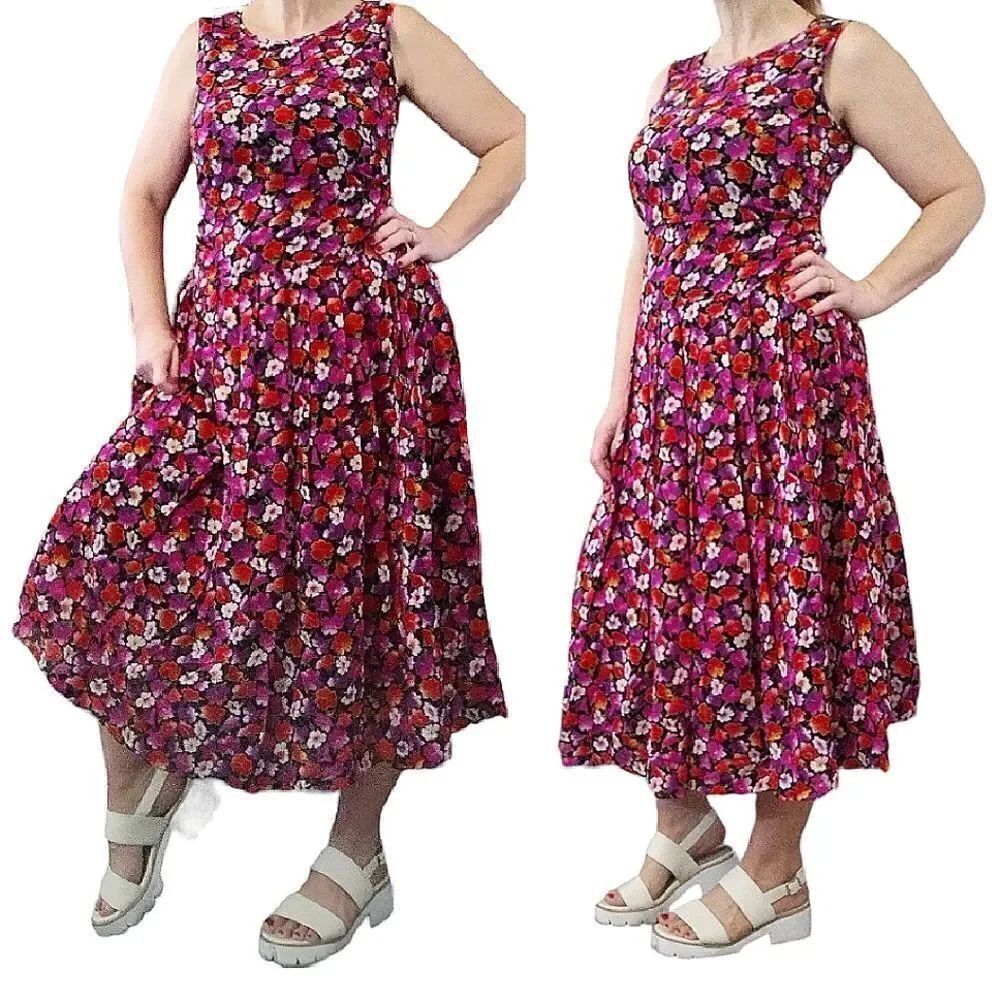 VTG Pink Colorful Floral Sleeveless Drop Waist Midi‎ Dress SZ 6 | Medium